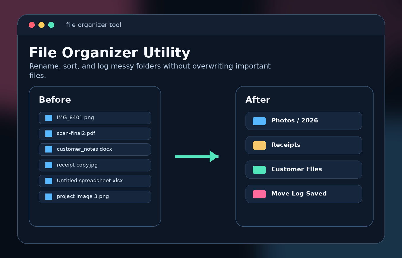 Detailed preview of a file organizer tool interface