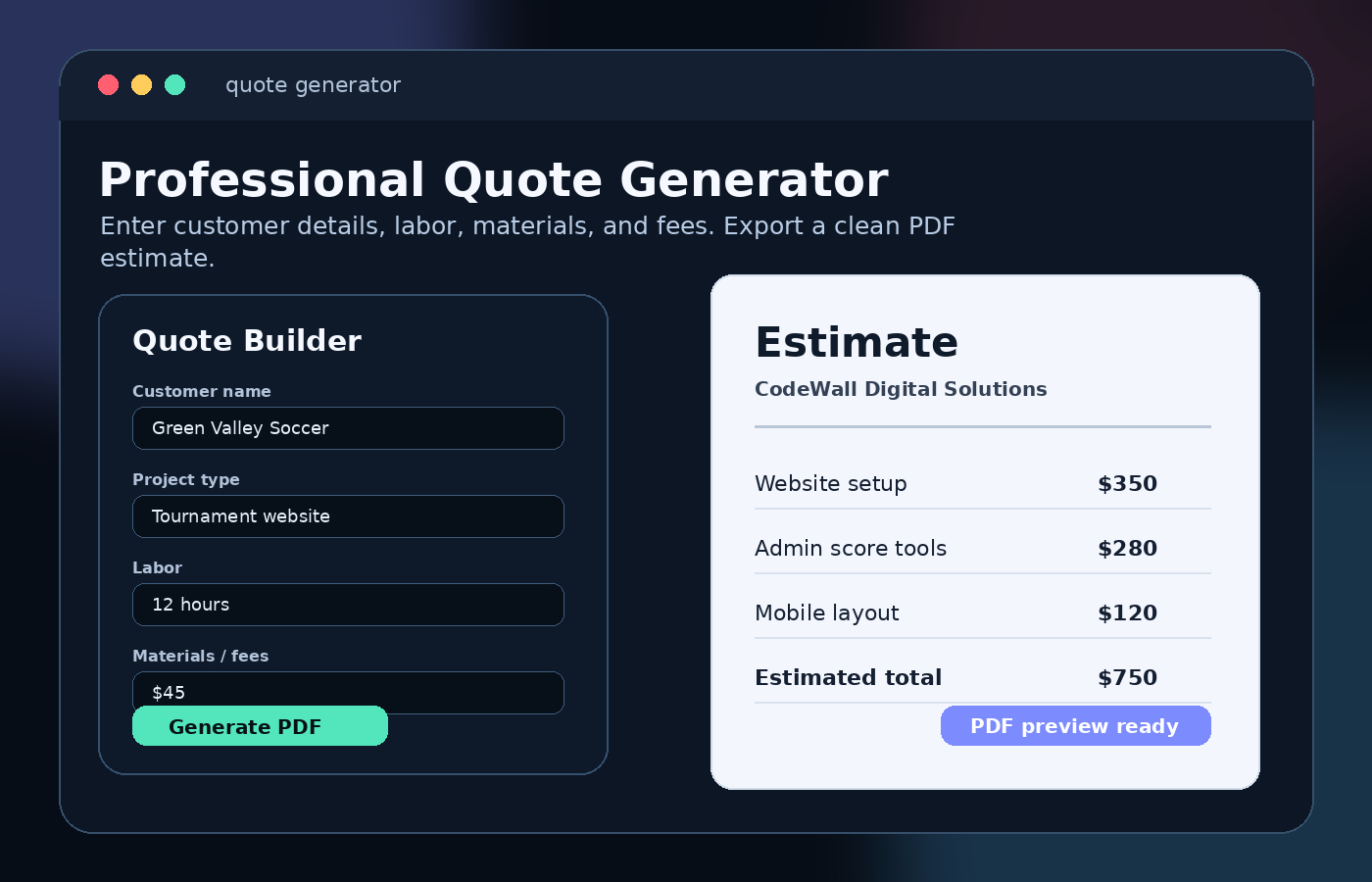 Detailed preview of a quote generator interface