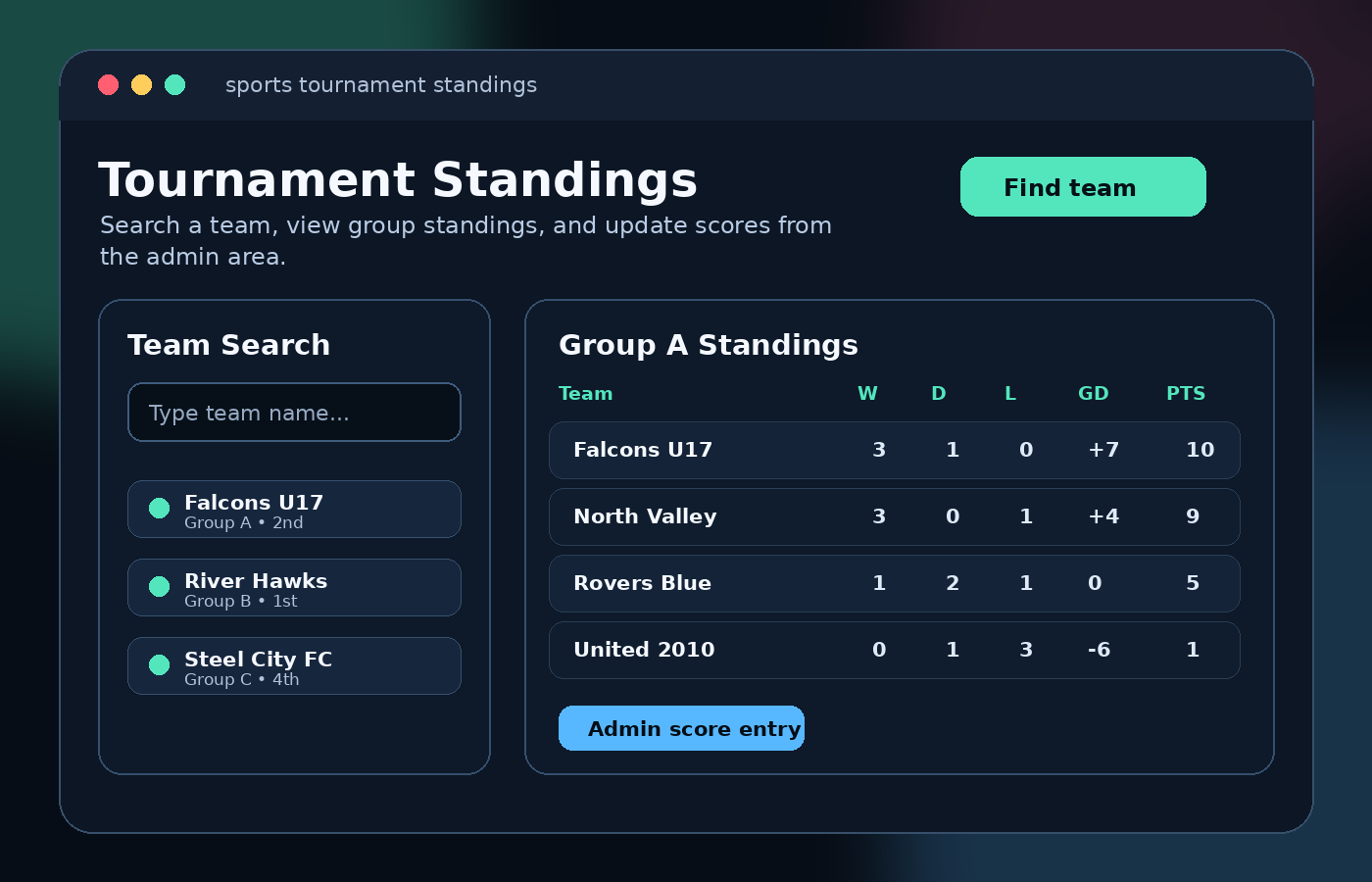 Detailed preview of a sports tournament website interface